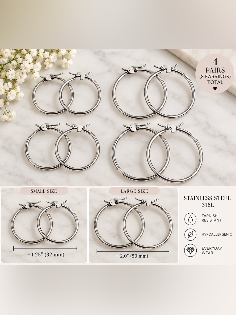 4 pairs New Stainless Steel Hoop Earring Set - Silver classic feminine wear